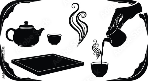 Minimalist silhouette vector showing low-angle hand pouring tea from small kettle into steaming cup beside teapot and saucer on rectangular tray with corner frame black stencil