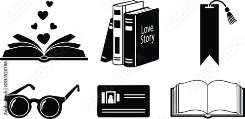 Minimalist flat icon set showing black library symbols: open book with floating hearts, stacked 'love story' books, tasseled bookmark, round sunglasses, library card, outline book glyph