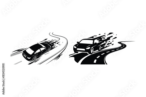 Two cars racing on a winding road with motion blur effect