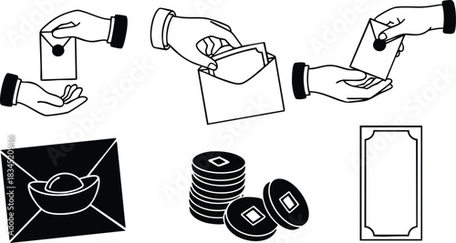 Flat line art close-up of hands inserting coin into red envelope and handing it over with stacked square-hole coins and paper bill for chinese new year