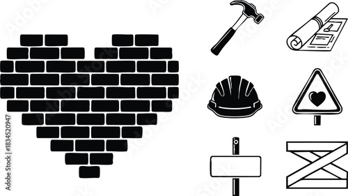 Flat design brick heart at left with angled hammer and rolled blueprint, construction helmet, heart warning sign, blank post and crossed wooden barricade icon set silhouette