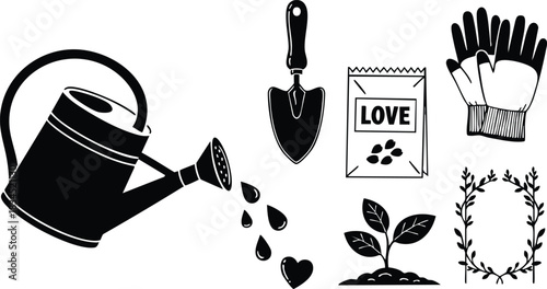 Flat design close-up front-facing watering can pouring heart drops with love seed packet and trowel with gardening gloves seedling wreath black silhouette icons centered valentine's day