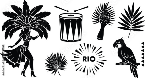 Flat silhouette carnival vector showing side-facing samba dancer dancing with feather headdress, drum close-up, cabasa rattle, parrot perched and rio sunburst in bold black graphic set