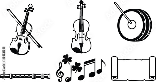 Minimalist vector line art music set showing left-angled fiddle with bow, upright fiddle front, frame drum with beater, horizontal recorder, treble clef with st. patrick's day clover