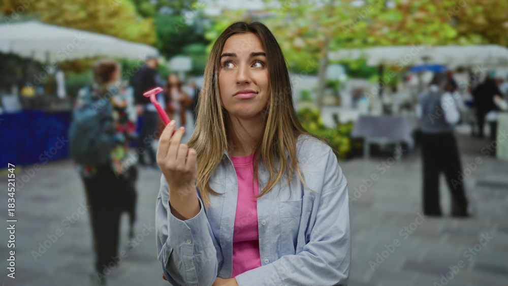 Fototapeta premium Woman holding razor and looking puzzled in outdoor market with vibrant stalls and greenery surrounding her.