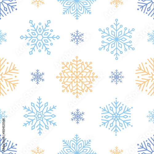 Seamless pattern with cute minimalist snowflakes. Gentle winter holiday design for Christmas, New Year. Perfect for banner, wallpaper, wrapping paper, background, card, poster. Vector illustration