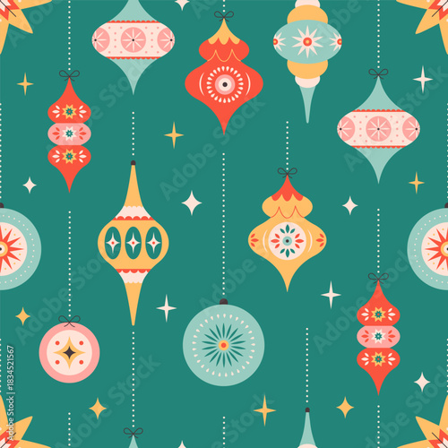 Seamless pattern with Christmas tree toys. Christmas ornaments. Perfect for banner, wallpaper, wrapping paper, background, card, poster. Vector illustration