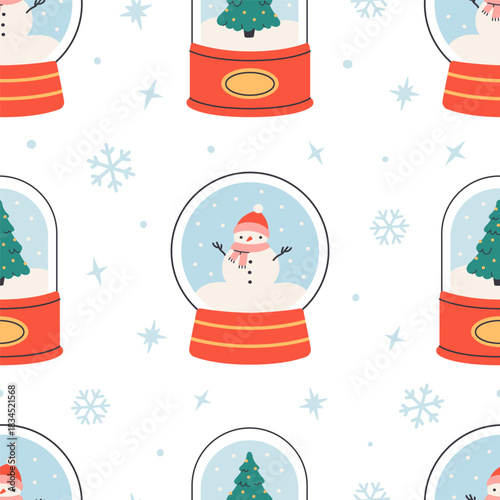 Seamless pattern with cute glass snow globes. Gentle winter holiday design for Christmas, New Year. Perfect for banner, wallpaper, wrapping paper, background, card, poster. Vector illustration
