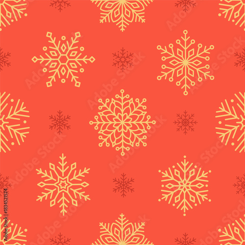 Seamless pattern with cute minimalist snowflakes. Gentle winter holiday design for Christmas, New Year. Perfect for banner, wallpaper, wrapping paper, background, card, poster. Vector illustration