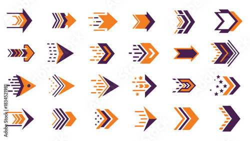 A collection of various orange and purple arrow icons, representing direction, movement, and progress, displayed in a grid layout on a white background.