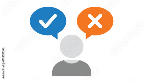 Decision making illustrated with a person considering choices between a check and an x symbol
