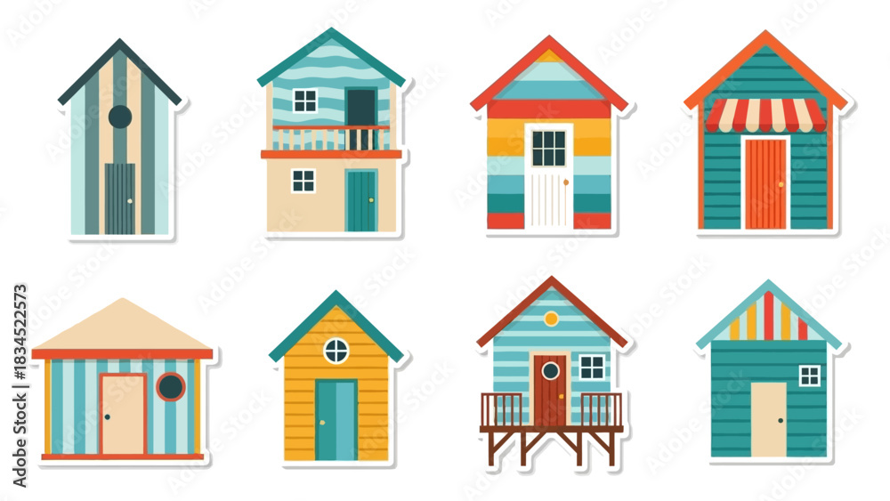 Fototapeta premium A vibrant collection of colorful summer beach hut stickers. Set of vector seaside cabin illustrations for vacation and travel concepts