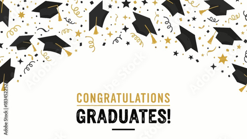 Vector banner for a graduation party celebration with flying mortarboard caps and golden confetti. Congratulations card for the class of 2026