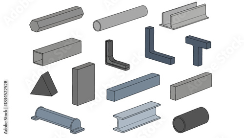 Set of standard steel structural shapes. A collection of profile metal beams, bars, and pipes for the construction industry. 3D vector illustration