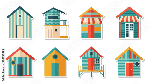 A vibrant collection of colorful seaside beach hut stickers. Vector illustration of small cabins for summer vacation themes