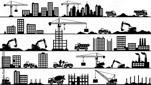 A comprehensive set of vector silhouettes showing various stages of urban construction, from cityscapes to heavy machinery and building sites
