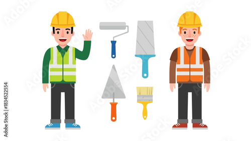 Set of construction worker characters with building and painting tools. Vector illustration of two builders in safety helmets and vests for repair projects