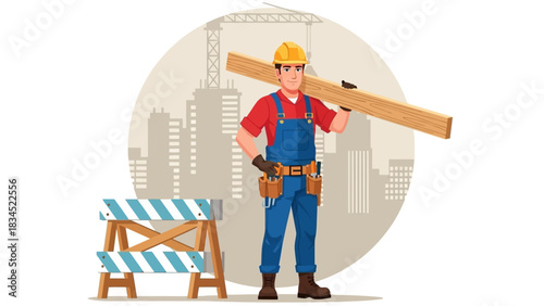 A professional construction worker in a hard hat carries a wooden plank on a building site, symbolizing urban development and future building projects for 2026