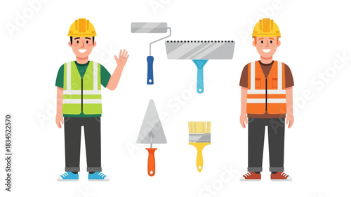 A vector illustration set of construction worker characters in safety vests and helmets with building and painting tools for repair work