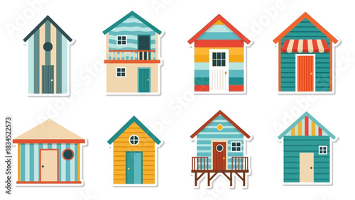 A vibrant collection of colorful summer beach hut stickers. Set of vector seaside cabin illustrations for vacation and travel concepts