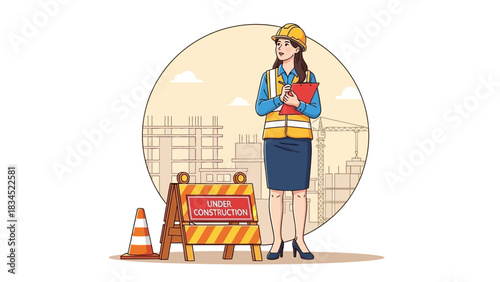 Female construction manager in a safety helmet and vest overseeing an urban development site, planning future building projects