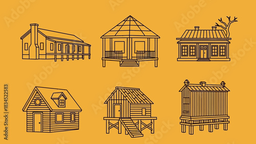A set of six different rustic wooden houses and cabins illustrated in a vintage line art graphic style on a yellow background