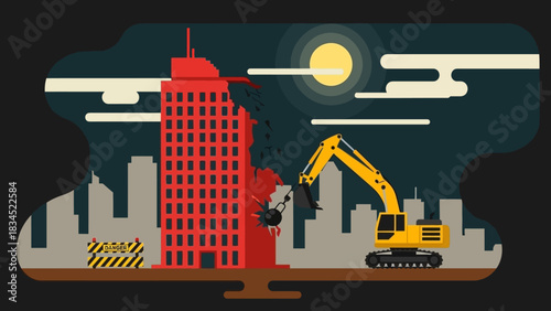 Vector illustration of an excavator with a wrecking ball demolishing a red skyscraper in a city at night