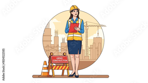 A woman engineer with a hard hat and clipboard oversees a construction project, representing future urban development and site management
