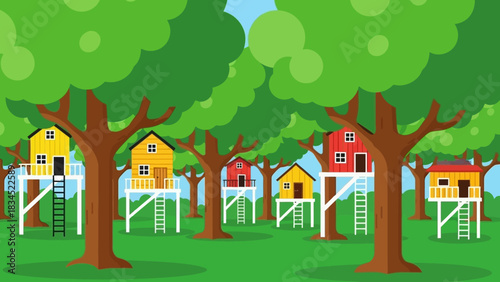 Whimsical village of colorful treehouses built on stilts among the green trees in a summer forest landscape