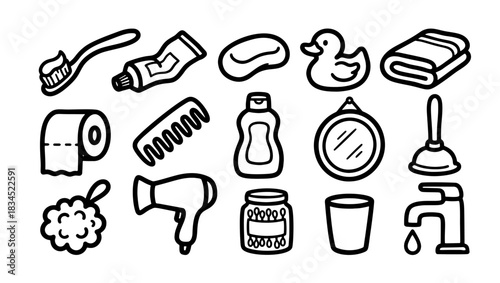 Hand-drawn Doodle Bathroom Essentials Vector Illustration Set. Outline Hygiene Personal Care Icons Collection.