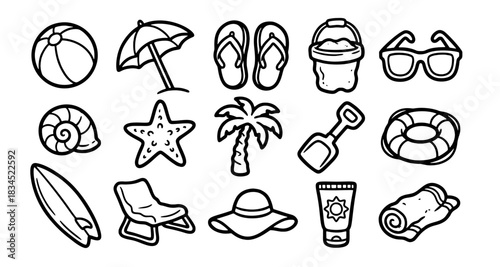 Playful Hand-Drawn Doodle Summer Beach Vacation Outline Vector Illustration Icon Set Collection