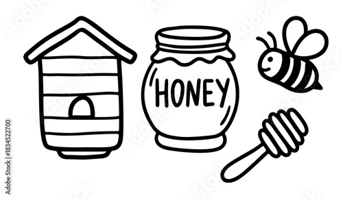 Sweet Honey Bee Doodle Vector Illustration Icons Set: Beehive, Honey Jar, Dipper Sketch
