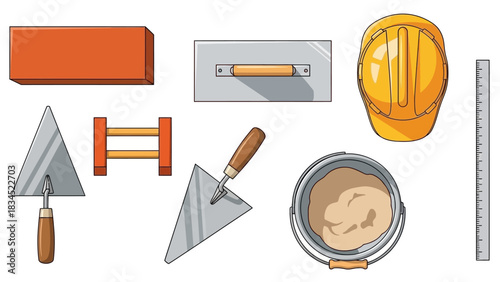 A vector collection of essential masonry and construction tools for the building industry, including a trowel, brick, and hard hat