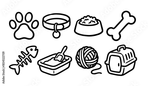 Hand Drawn Pet Doodle Icons Vector Illustration. Cute Animal Accessories Collection Graphic Set.