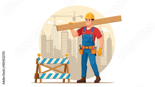 A smiling construction worker in a hard hat and overalls carrying a wooden plank at a bustling city building site with a crane