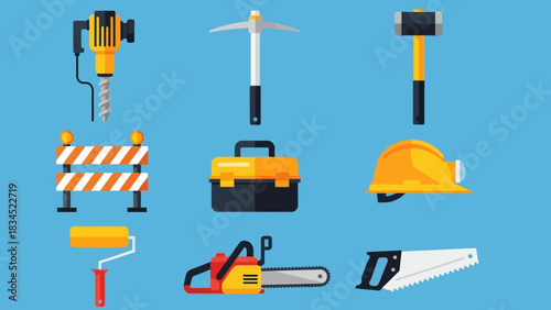 A vibrant set of flat design construction and building tool icons for industry and repair, isolated on a blue background