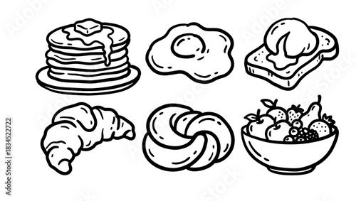 Cute Hand Drawn Breakfast Items Doodle Icons Vector Illustration Set for Menu Design