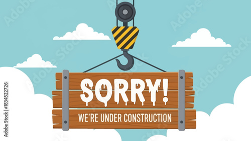A hanging wooden sign on a crane hook indicates a website is under construction, serving as a creative maintenance or coming soon page template