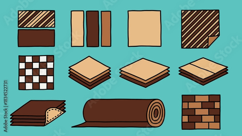 A diverse set of hand-drawn vector illustrations showing various flooring materials, including tile patterns, stacks, and rolls for interior design projects 2026