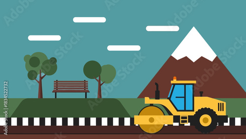 Road construction scene with a yellow steamroller working on an asphalt surface, illustrating future infrastructure development in a scenic landscape
