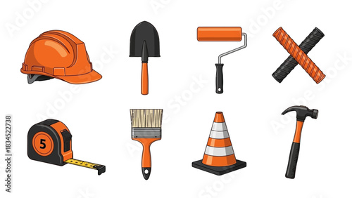 A comprehensive vector icon set of construction and building tools for industrial and repair projects, including a hard hat, hammer, and shovel