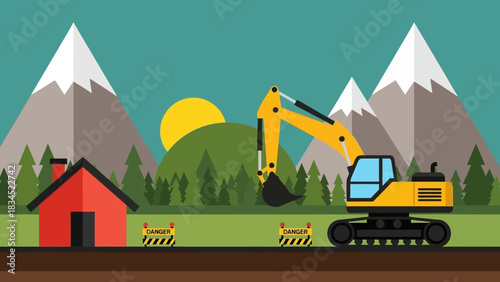 Construction concept with a yellow excavator building a new residential property in a mountain nature scene