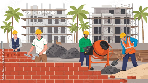 A team of diverse construction workers building a brick wall on a new residential development site with scaffolding in the background