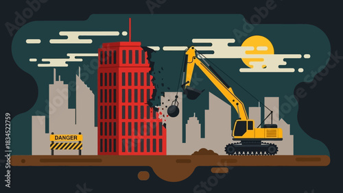 Vector illustration of a construction site showing a large excavator with a wrecking ball demolishing a tall red skyscraper in a city
