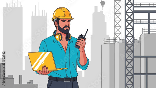 Modern construction project supervisor using a laptop and radio for efficient site management against a city skyline