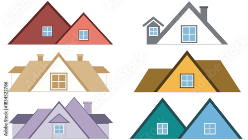 A diverse collection of residential house roof designs and gables. Isolated vector illustration set for construction and real estate branding concepts