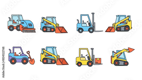 Collection of flat design construction vehicle icons. Set of industrial machinery illustrations including forklift, loader, and sweeper equipment