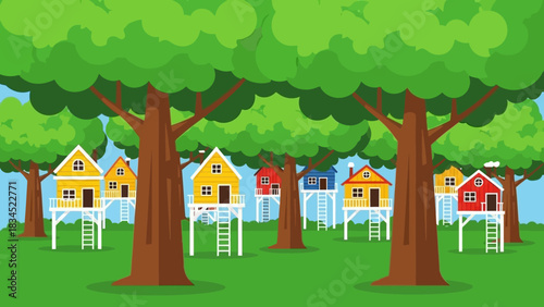 A whimsical village of colorful stilt treehouses nestled in a lush green forest, illustrating a concept for a sustainable and imaginative community