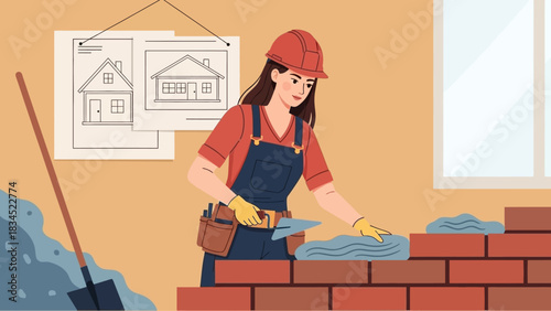 A skilled female mason in uniform with a trowel, diligently constructing a brick wall for a future home building project