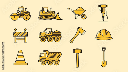 A comprehensive set of line icons representing construction machinery, heavy vehicles, and essential building tools for industrial design